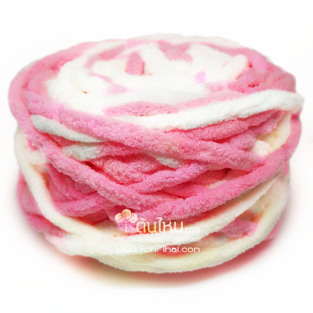 ไหมพรมอูด้ง สีขาวครีม/ชมพูหวานสดใส (White Cream / Fresh Sweet Pink)